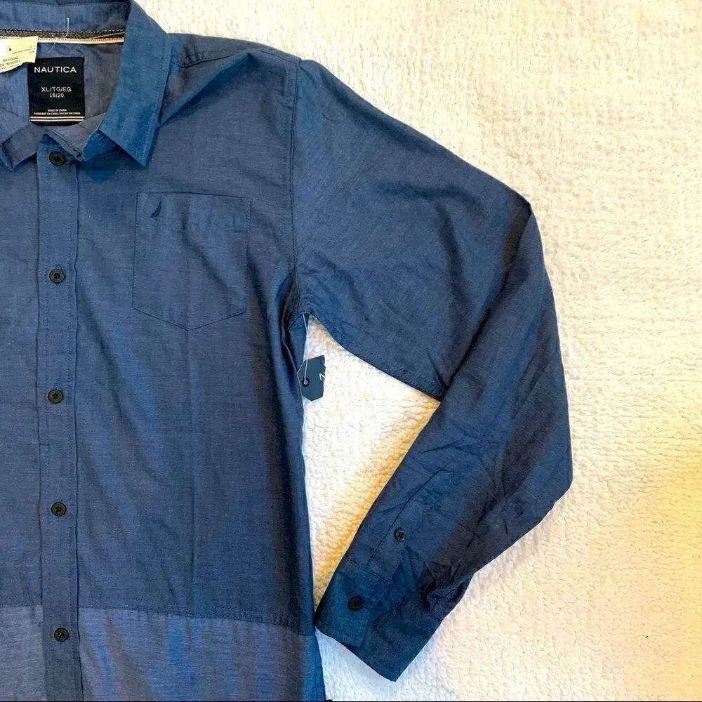 Nautica Button-Down Collared Navy Blue ColorBlock Untuck Shirt Boy’s XL NWT - Picture 5 of 10